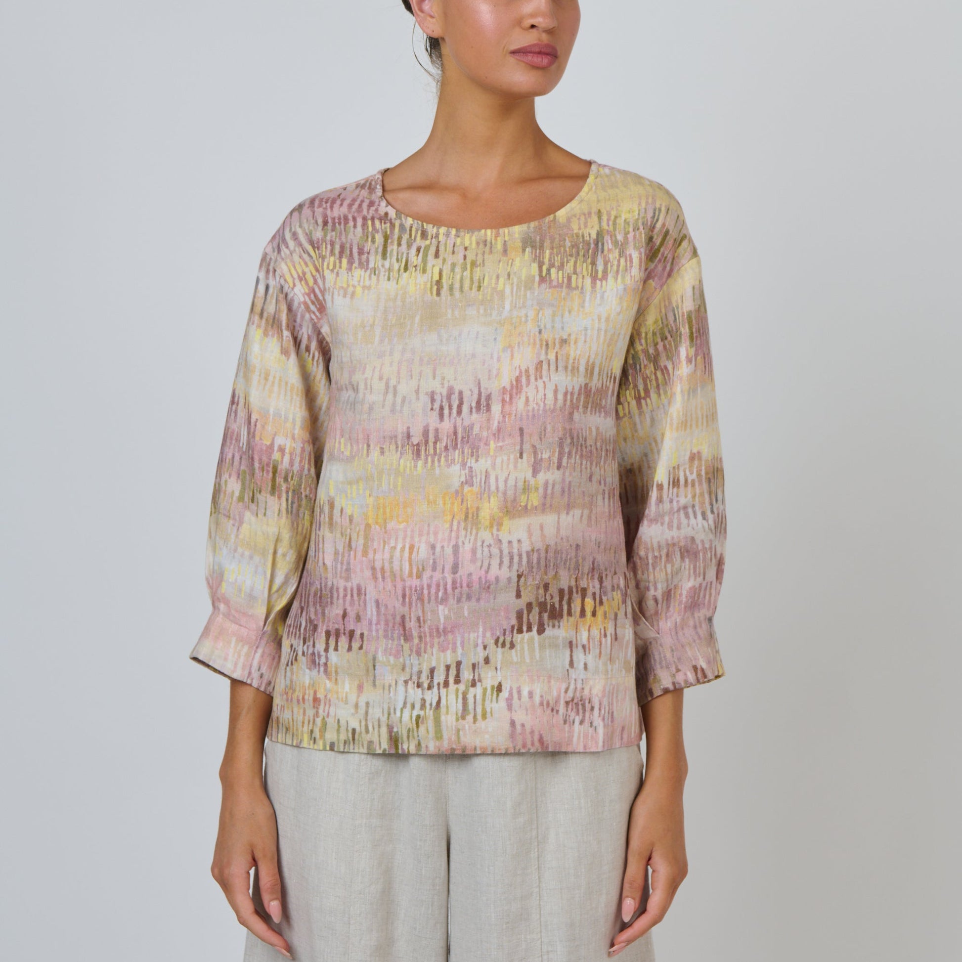 Naturals by O&J linen top in pink abstract brushstrokes