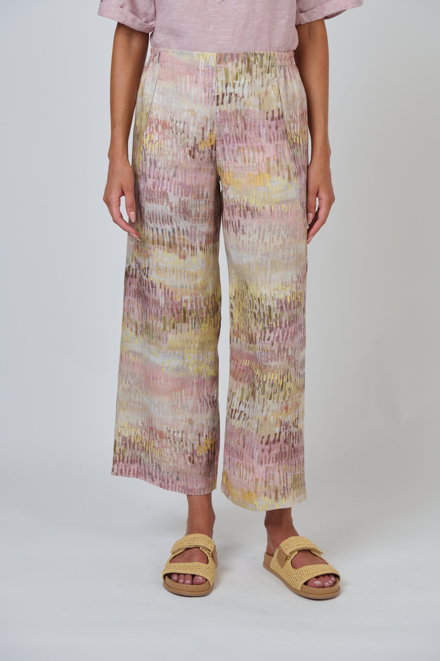 Naturals by O&J linen pant GA398 in pink abstract brushstrokes Jardin