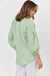 Naturals by O&J vee neck linen top in green.