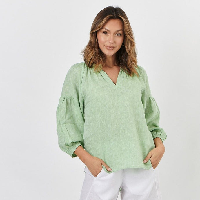Linen Top with Shiring Naturals by O&J in green. GA412.