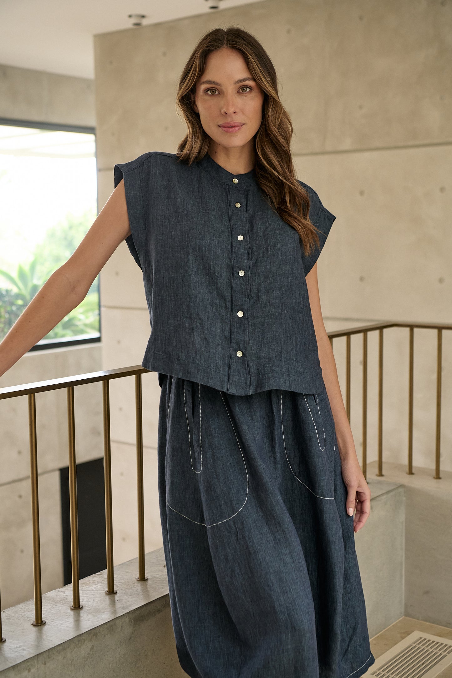 Naturals by O& top and skirt in dark denim linen.