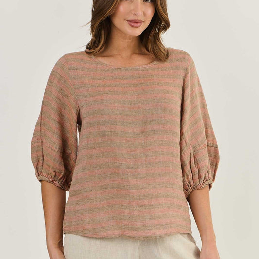 Naturals by O&J. Open weave line top in a muted stripe called brick. Summer top GA437.