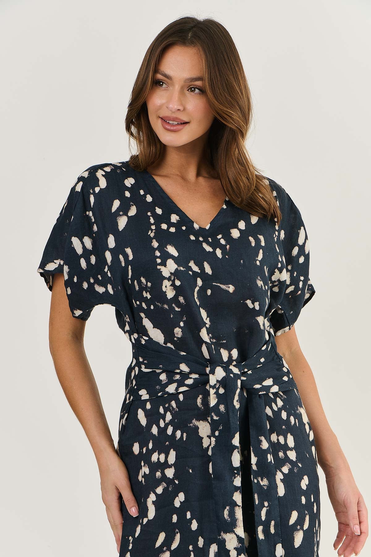 Linen dress in black print all natural.