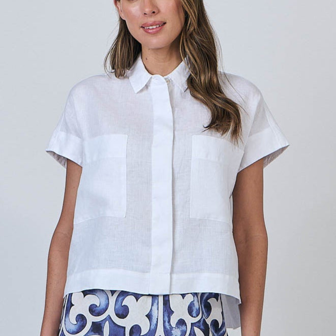 White linen shirt for summer from Naturals by O&J. All natural fibres.