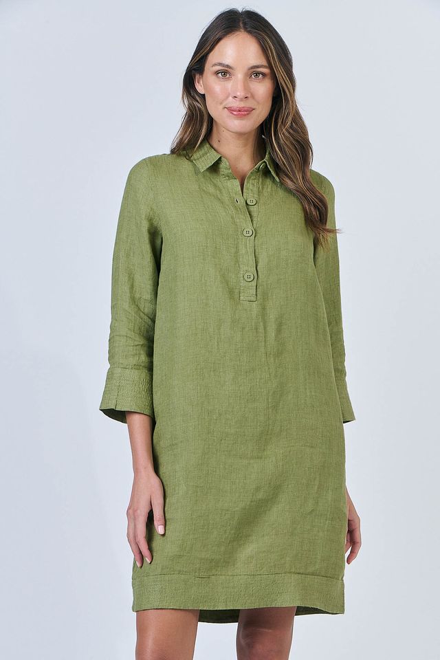Naturals by O&J collared linen dress in moss