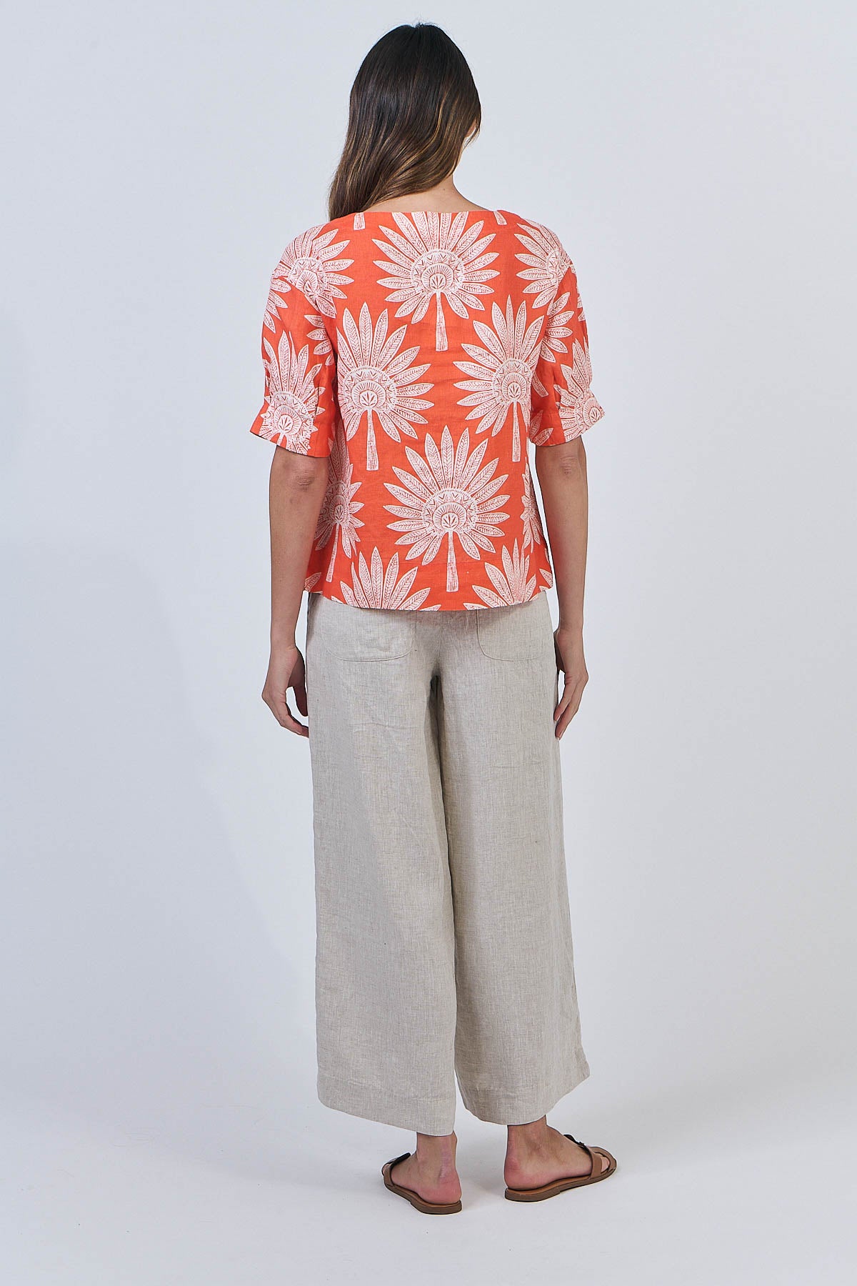 Linen top in orange print with date palm fronds. Naturals by O&J. GA623