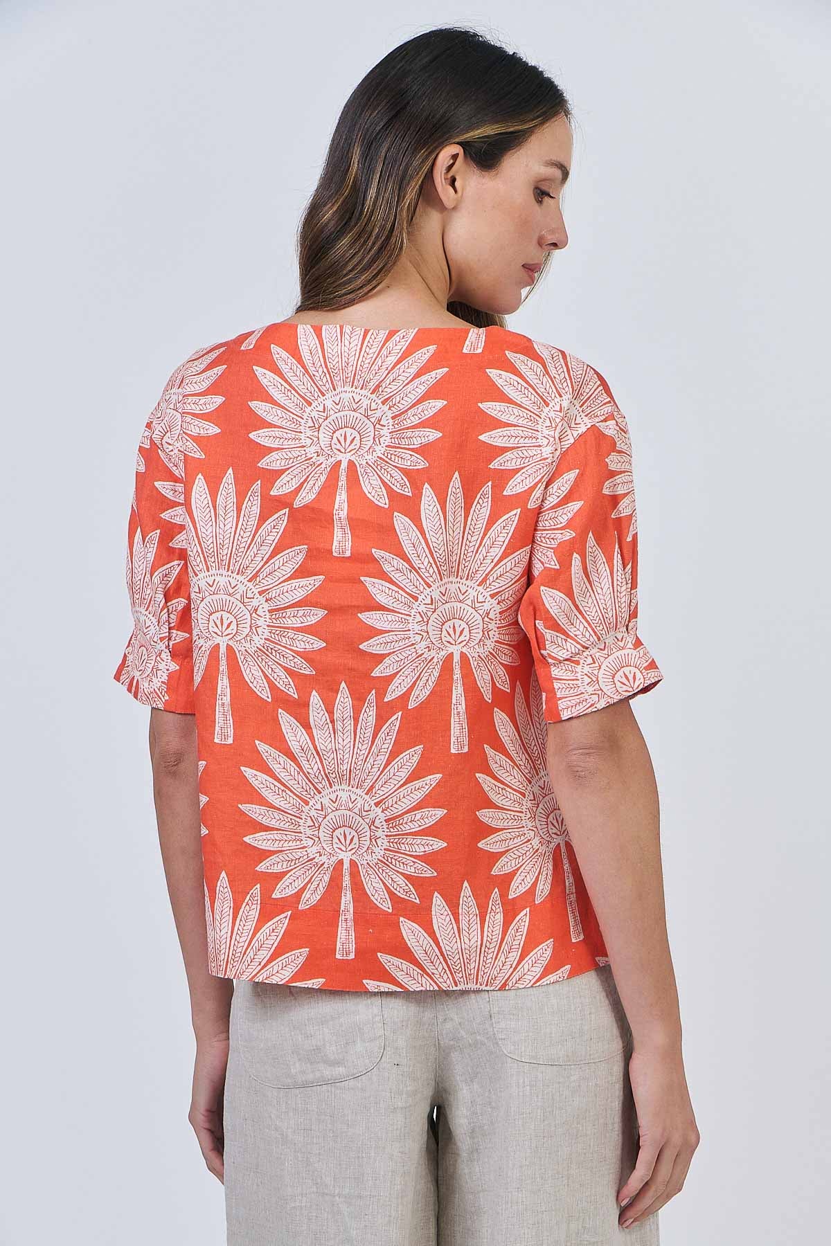 Summer top in orange printed linen