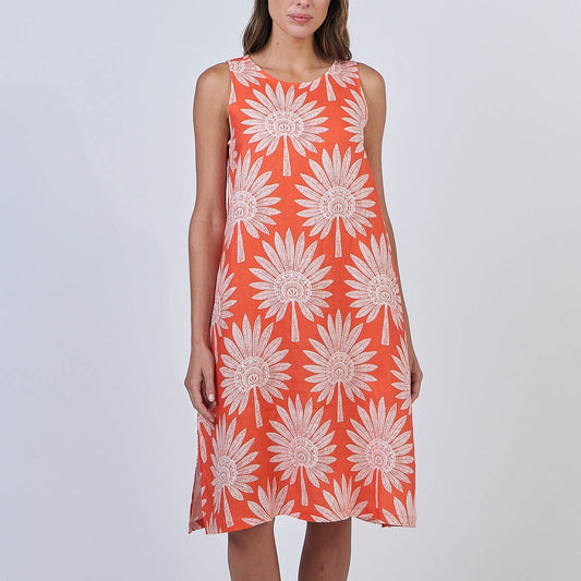 Linen dress in Sunset Palm print by Naturals by O&J. GA626.