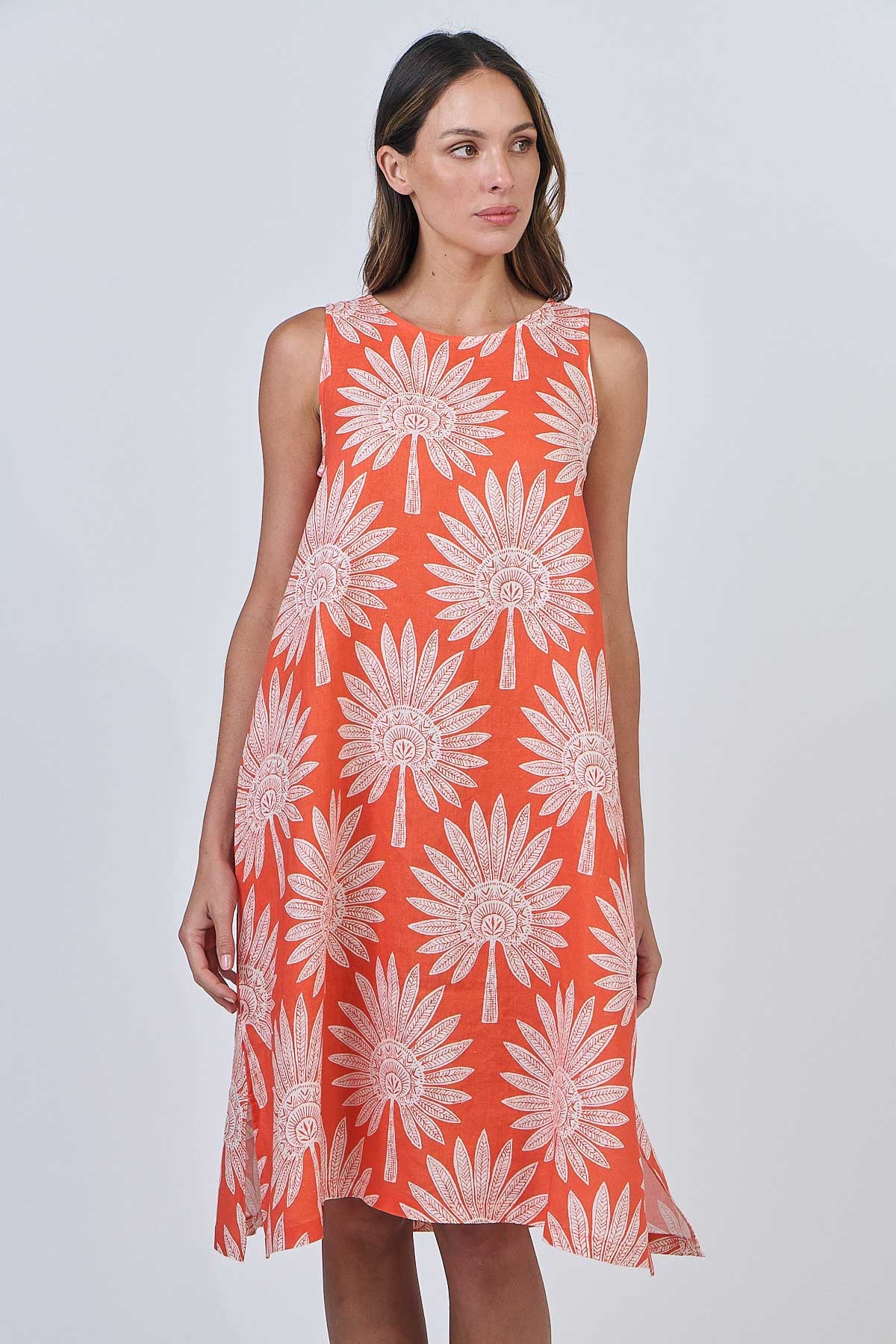 Linen dress in Orange Print from Naturals by O&J. All natural fibres. GA626.