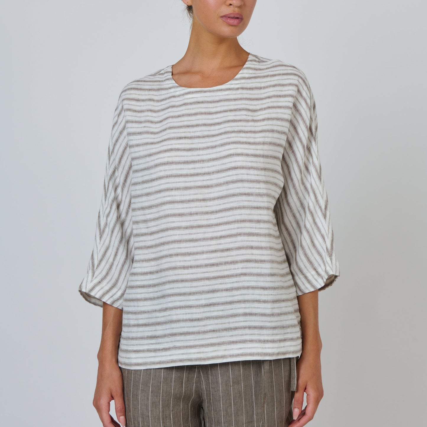 Naturals by O&J relaxed linen top in a natural stripe