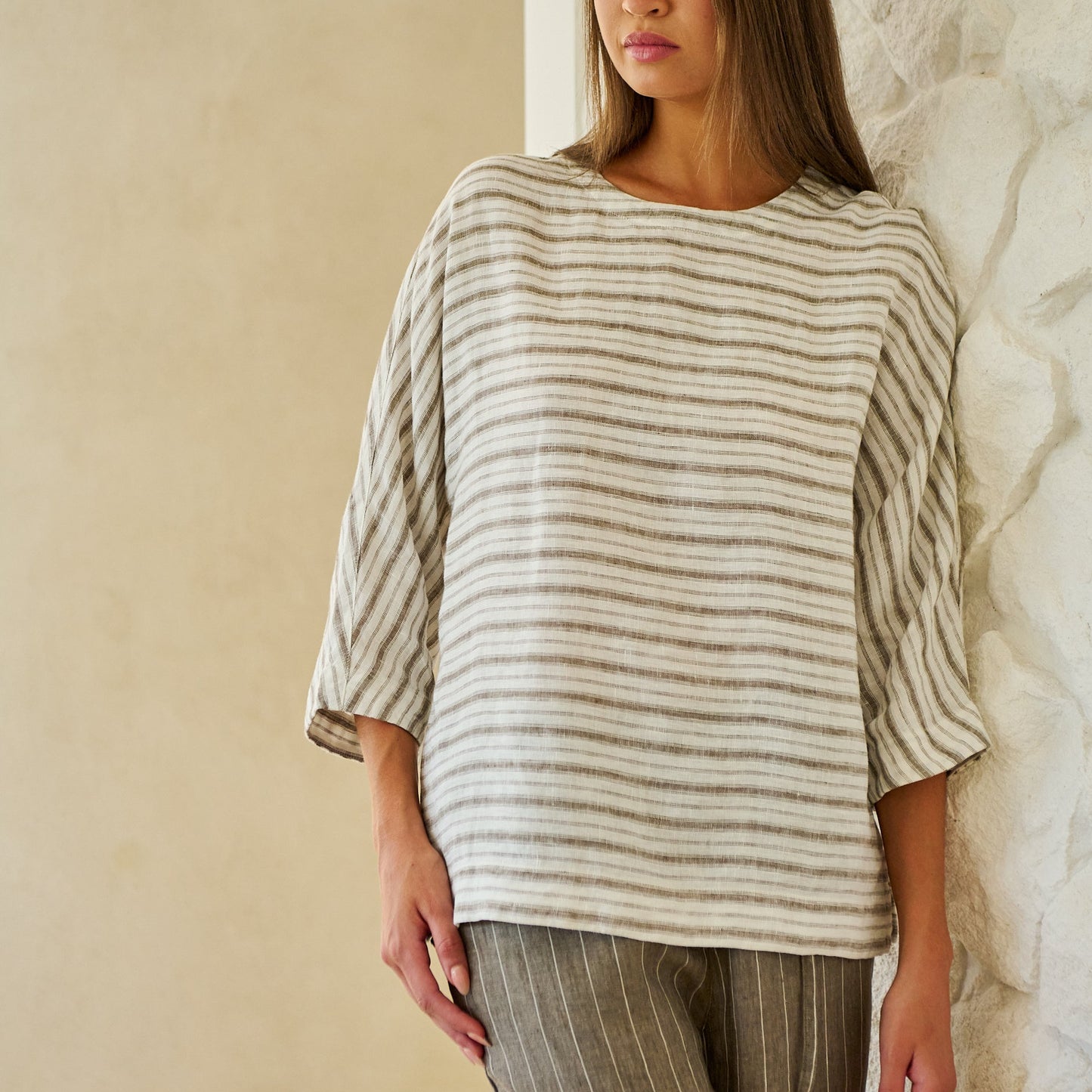 Naturals by O&J oversized floaty linen top GA730 in a strpe