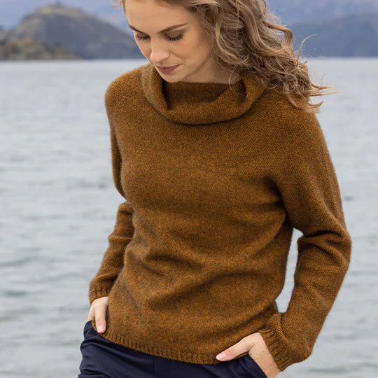 Quality Noble Wilde Knitwear. Possum and Merino Wool. Women's cowl jumper in Tahti.