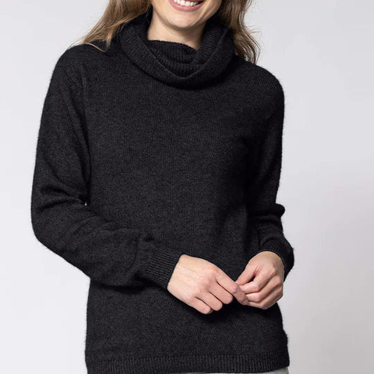 Quality possum and merino wool knitwear. Noble Wilde polo neck in black.