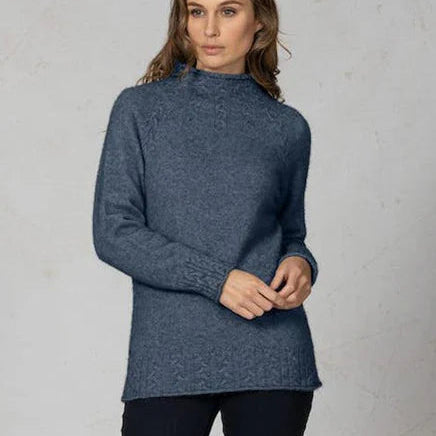 Quality possum and merino wool knitwear. Noble Wilde funnel neck in blue neptune.