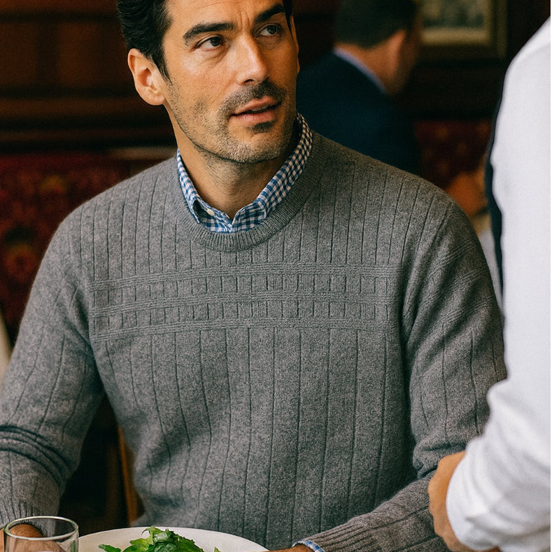 Crew neck Possum, merino wool and silk jumper for men in grey