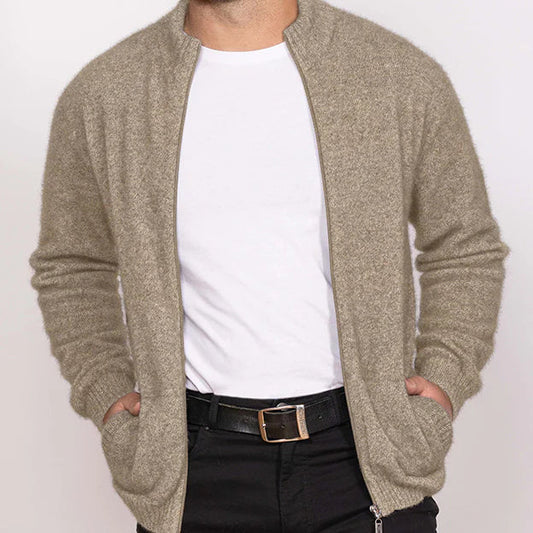 Noble Wilde possum knitwear. Men's zip jacket in Oyster.