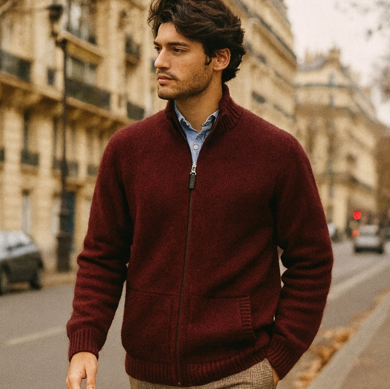 Men's Possum and Merino Wool Zip Jacket in Dark Red