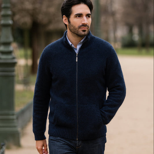 Possum and Merino Nble Wilde Men's jacket with zip in Navy.