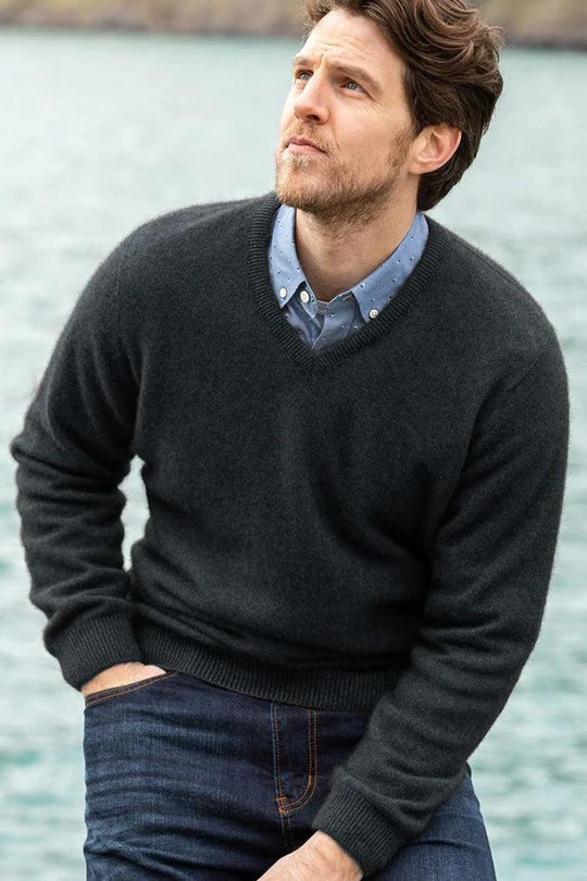  Quality Possum and Merino Wool knitwear. Noble Wilde Men's vee jumper in Charcoal grey.