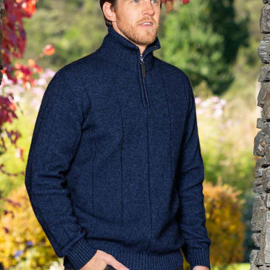 Men's possum 1/4 zip jumper in navy. Noble Wilde