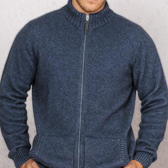  Quality Possum and Merino Wool knitwear. Noble Wilde Mens zip jacket in Blue - Neptune.