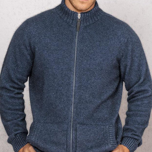  Quality Possum and Merino Wool knitwear. Noble Wilde Mens zip jacket in Blue - Neptune.