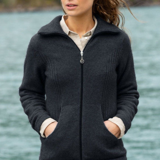  Quality Possum and Merino Wool knitwear. Noble Wilde zip jacket for women in charcoal.