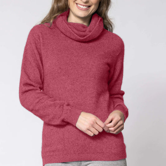 Quality Merino Wool and Possum Knitwear. Women's polo neck jumper in pink.