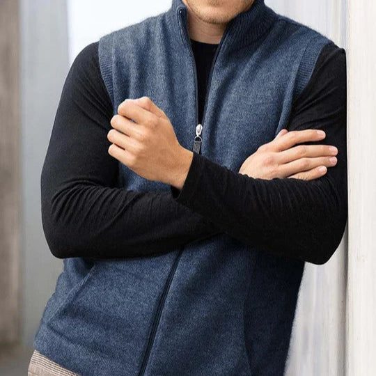  Quality Possum and Merino Wool knitwear. Noble Wilde Men's zip vest Gilet in Blue or neptune.
