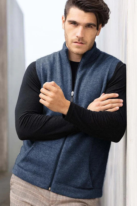  Quality Possum and Merino Wool knitwear. Noble Wilde Men's zip vest Gilet in Blue or neptune.