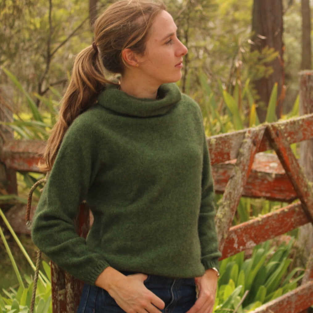 Noble Wilde possum knitwear. Cosy and warm. Women's cowl neck sweater.
