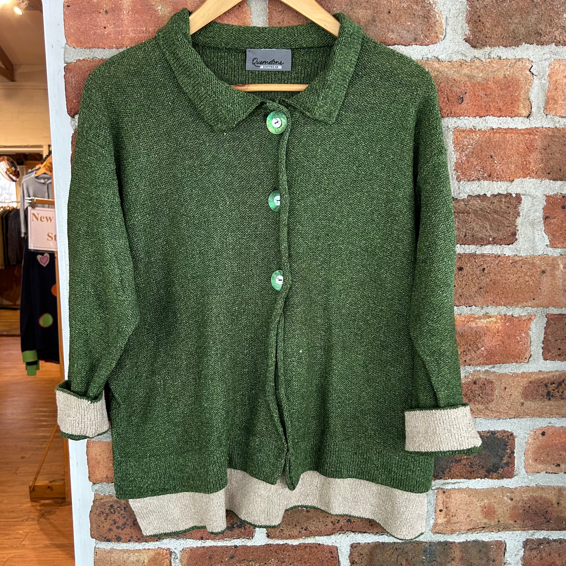 Orkney Letty Jacket in Fern and Shingle. Quality Scottish Knitwear. Wool and Silk