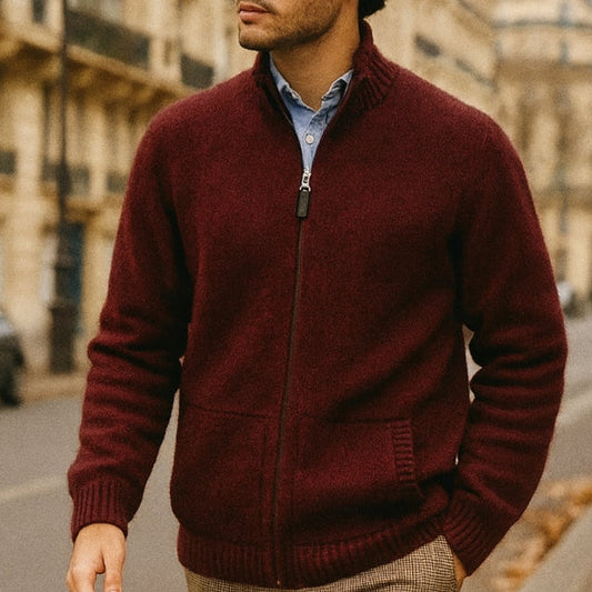 Men's Possum and Merino Wool Zip Jacket in Dark Red