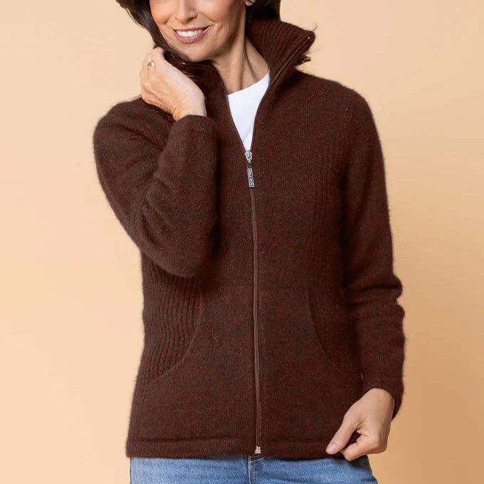 Women's possum zip jacket in brown - rimu. 