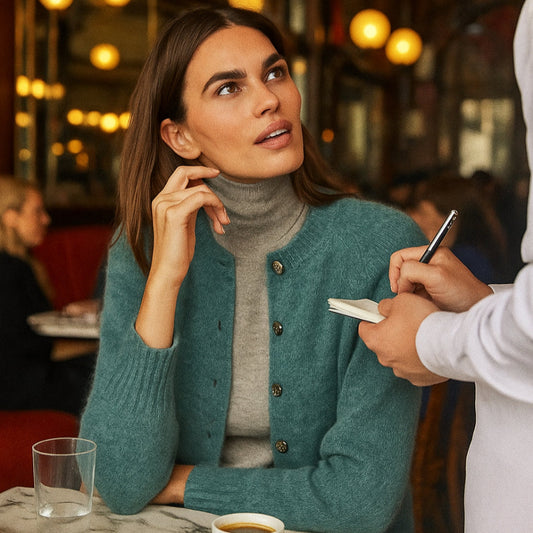Quality wool cardigan in teal. Classic knitwear.