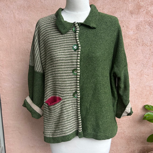 Qernstone Orkney Island Knitwear. Lambs wool and Silk Striped cardigan in Green and Pink.