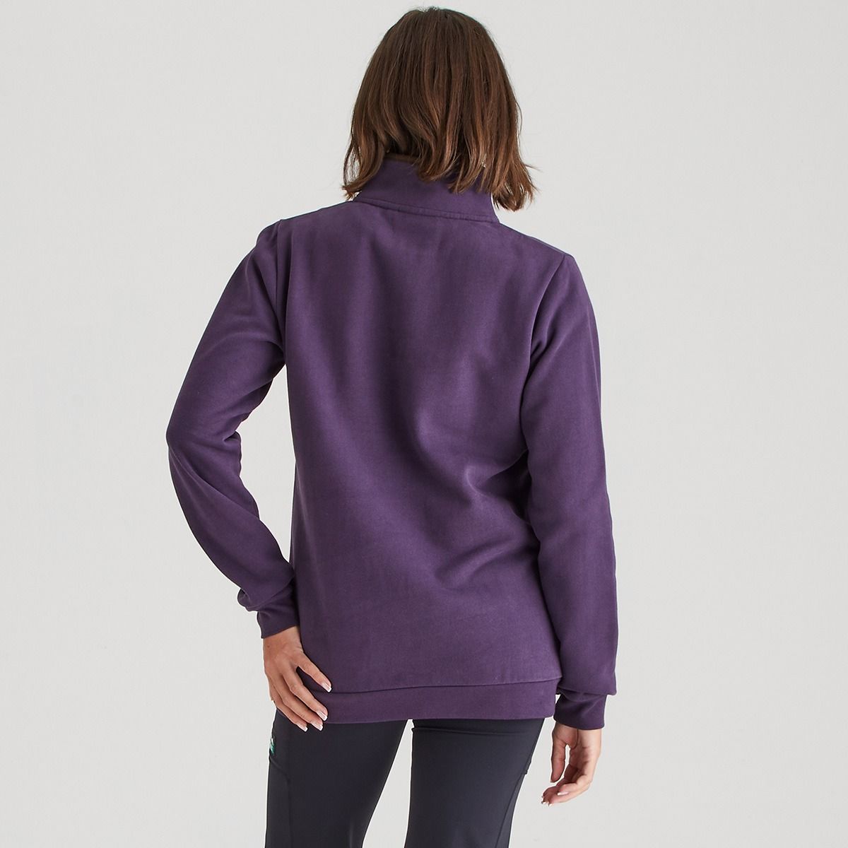 Back of purple cotton 1/4 zip sweatshirt for women