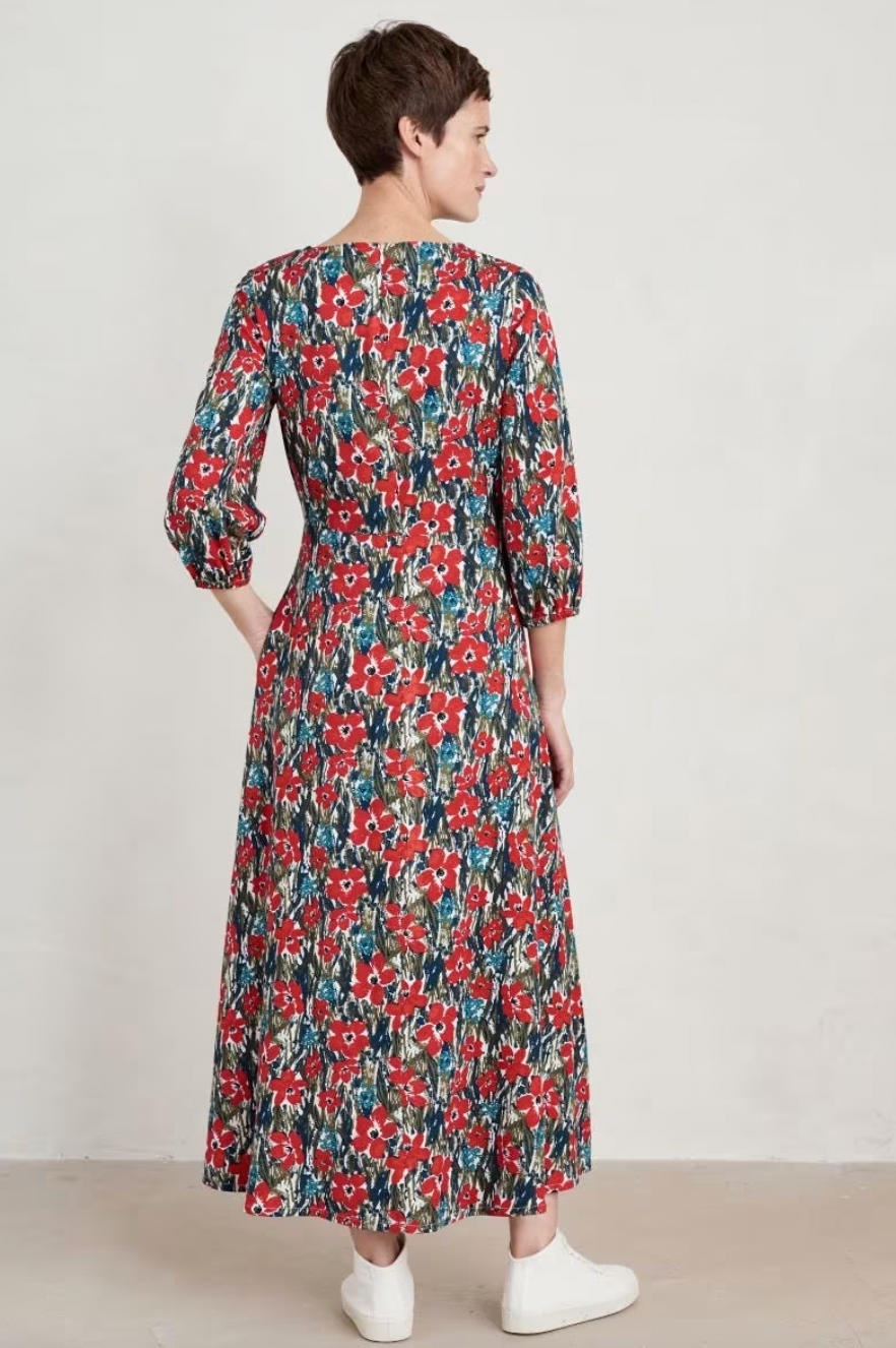 SEASALT floral Pellar Dress in Marigold Marsh Chalk, back view