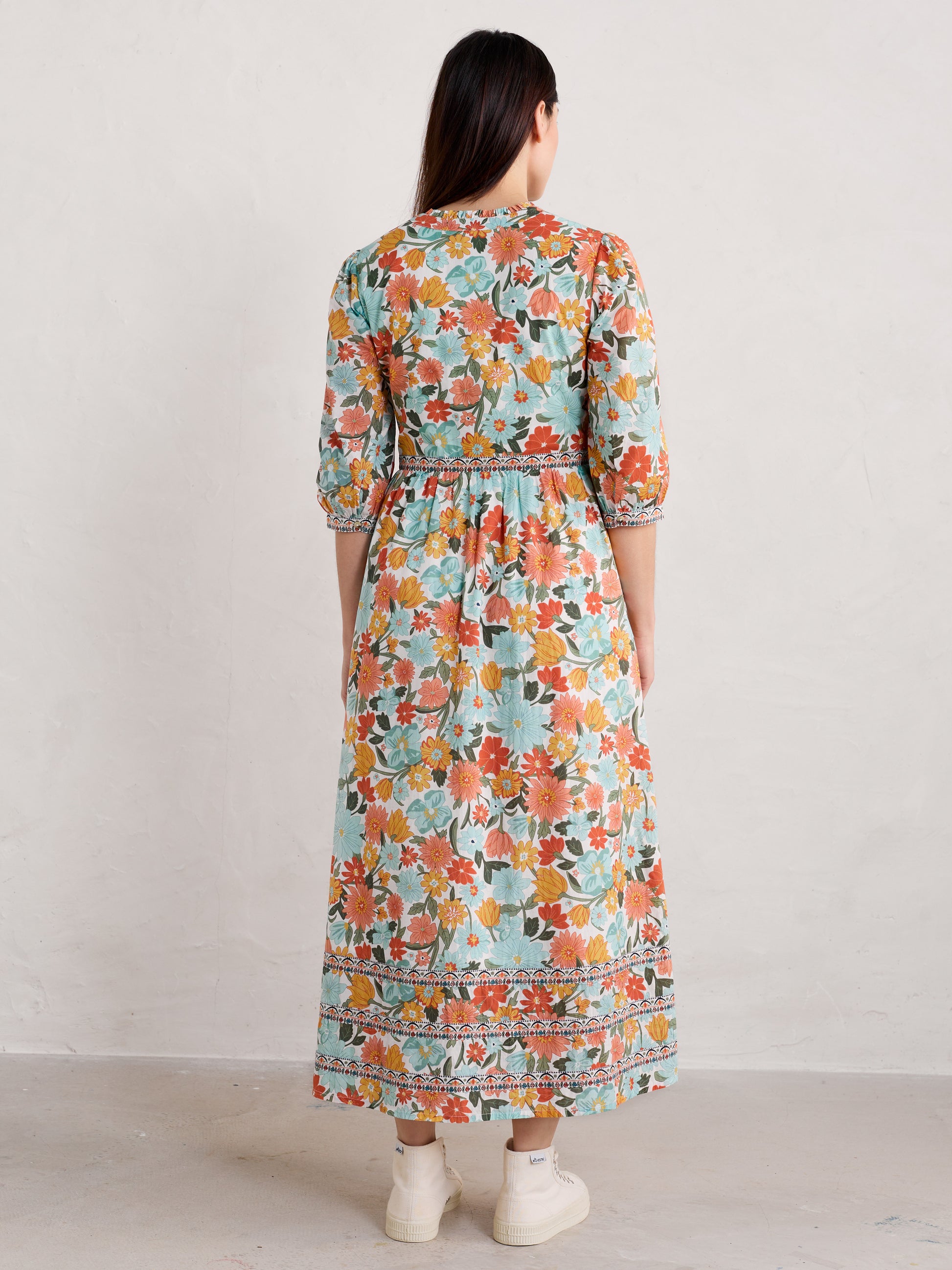 SEASALT's Blue Hills Border Dress in Flowering Blooms Chalk, back view of maxi dress