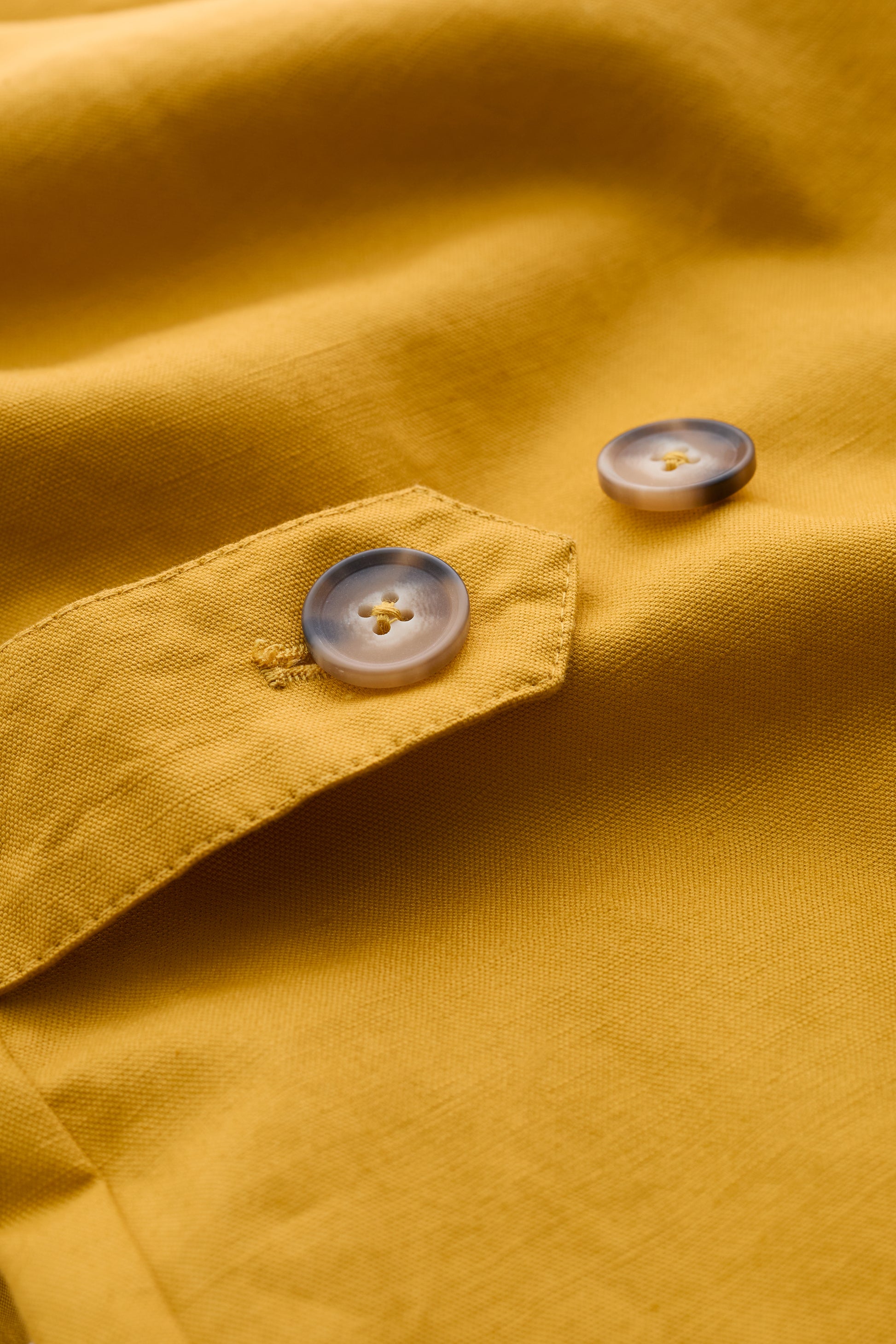 SEASALT's Boscastle Mac in Dark Dijon, yellow raincoat fabric & buttons close up