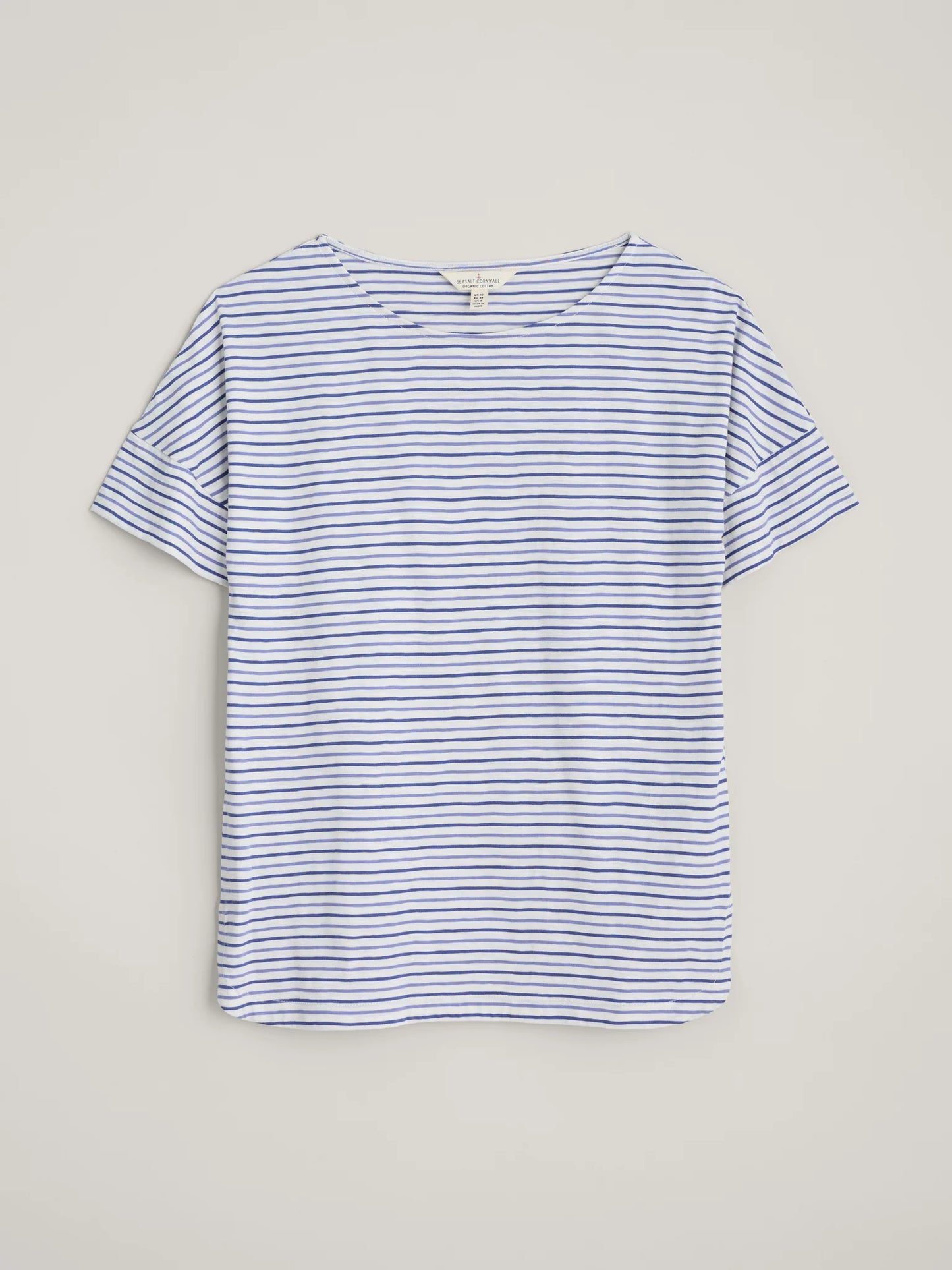 SEASALT's Bryher View Top in Profile Chalk Lupin, flat lay of summer t-shirt