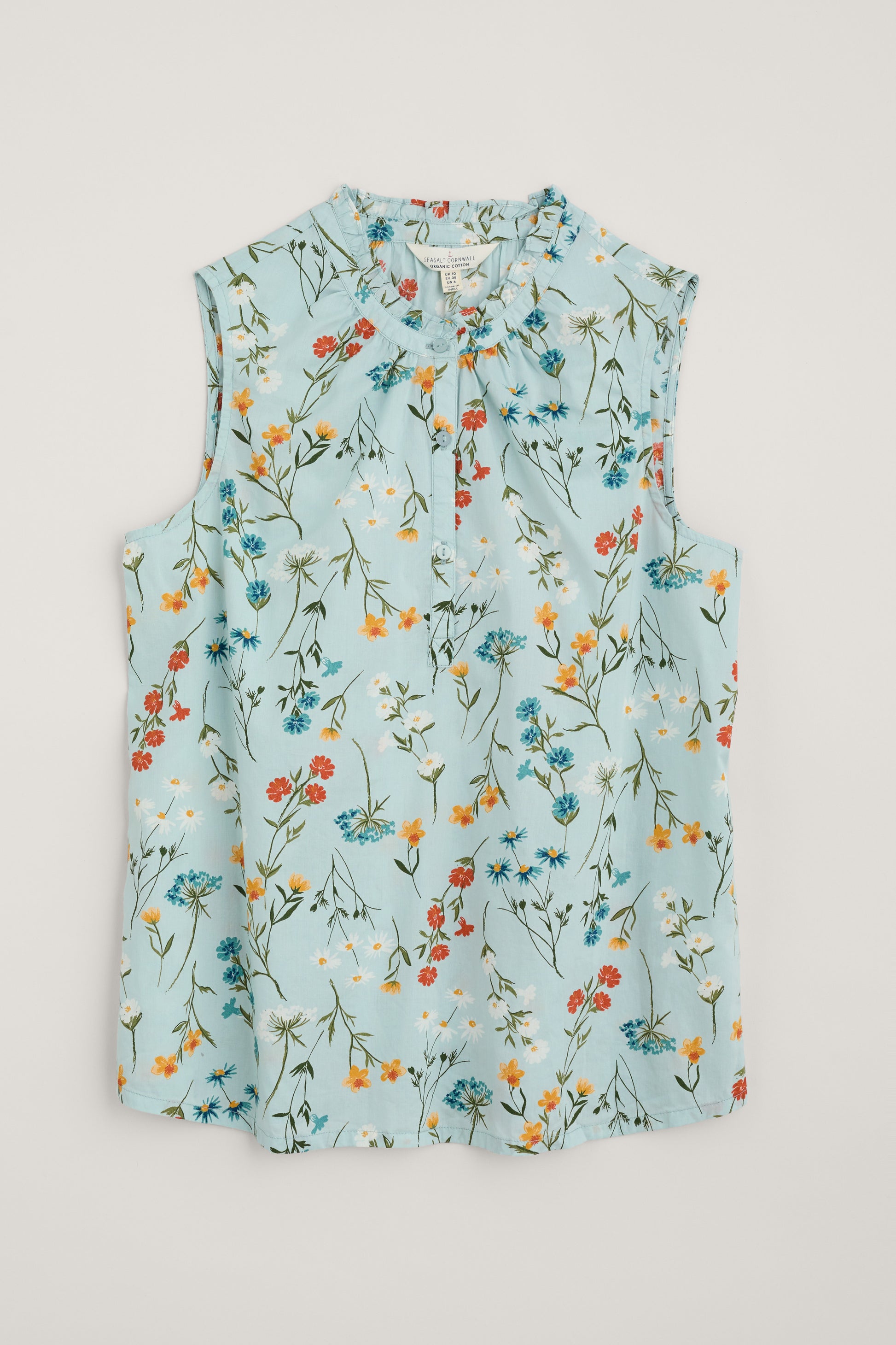 SEASALT's Flower Fields Vest in Wildflower Stems Reflection, flat lay of sleeveless top