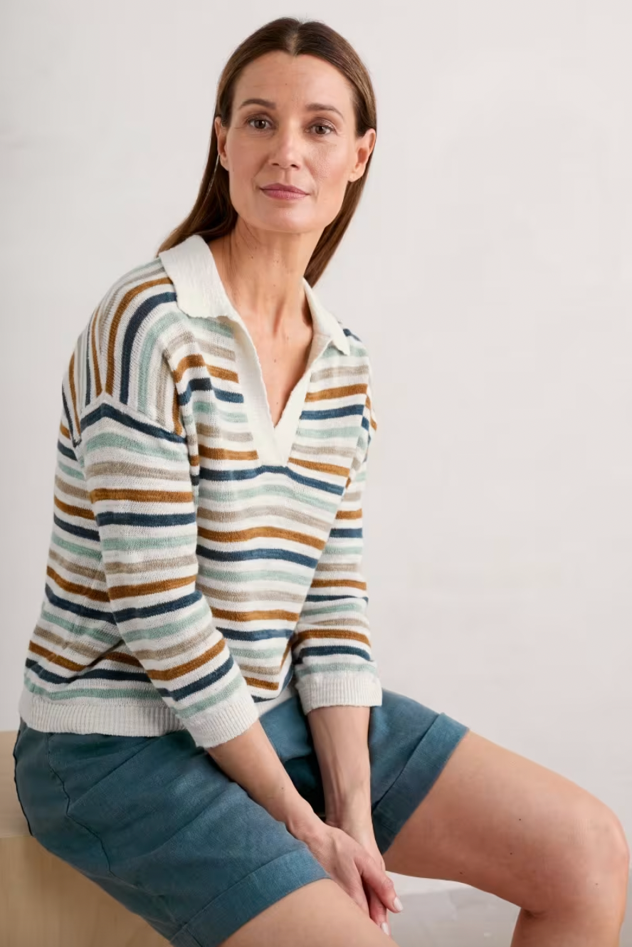 SEASALT's Gwynver lightweight vee neck collared Jumper in Mini Cornish Pool Mix