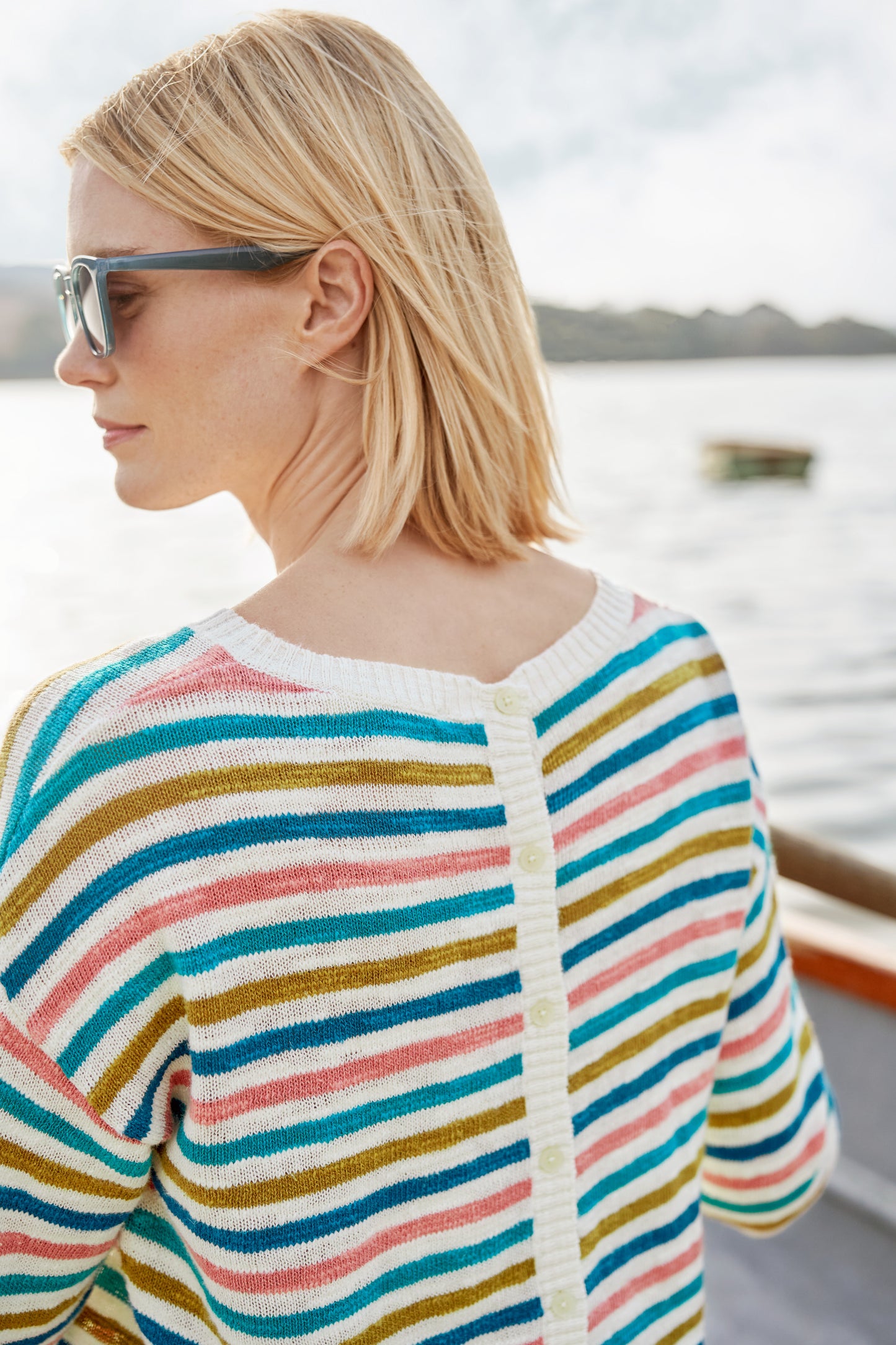 SEASALT's Knavock Jumper in Mini Cornish Helford Multi, back view of lightweight summer jumper