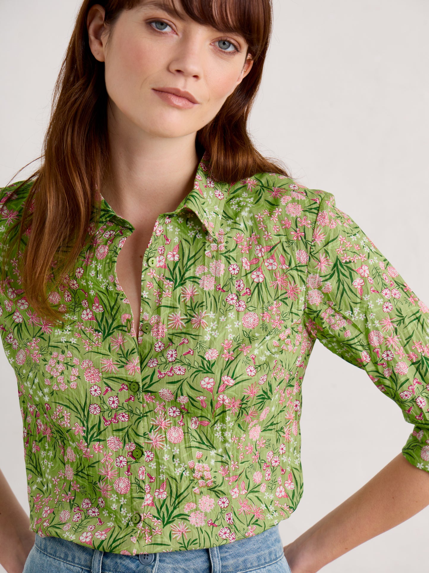 SEASALT's Larissa Shirt in Campion Field Dill, women's summer shirt