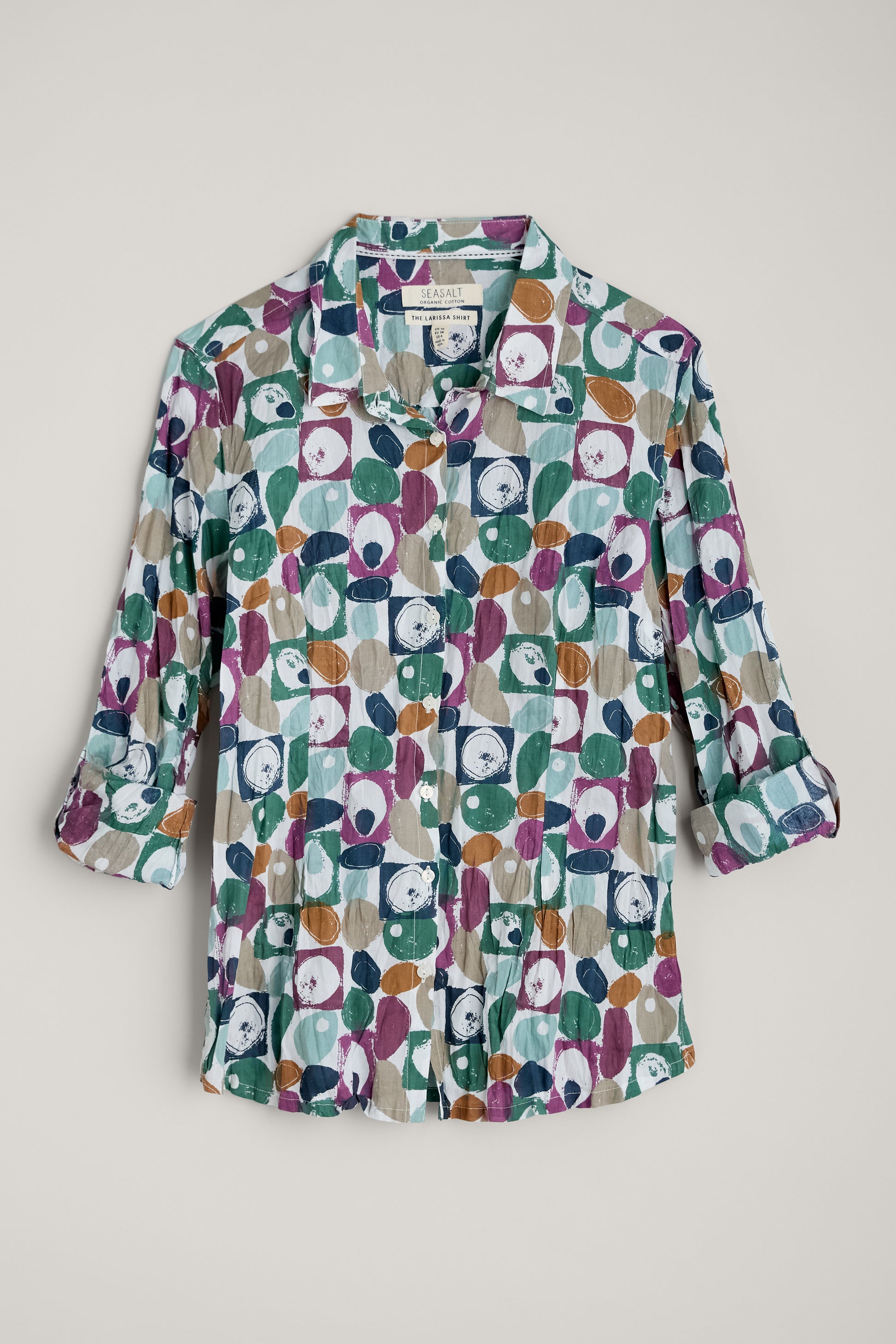 SEASALT's Larissa cotton Shirt in Geo Pebbles Mix, flat lay of women's shirt