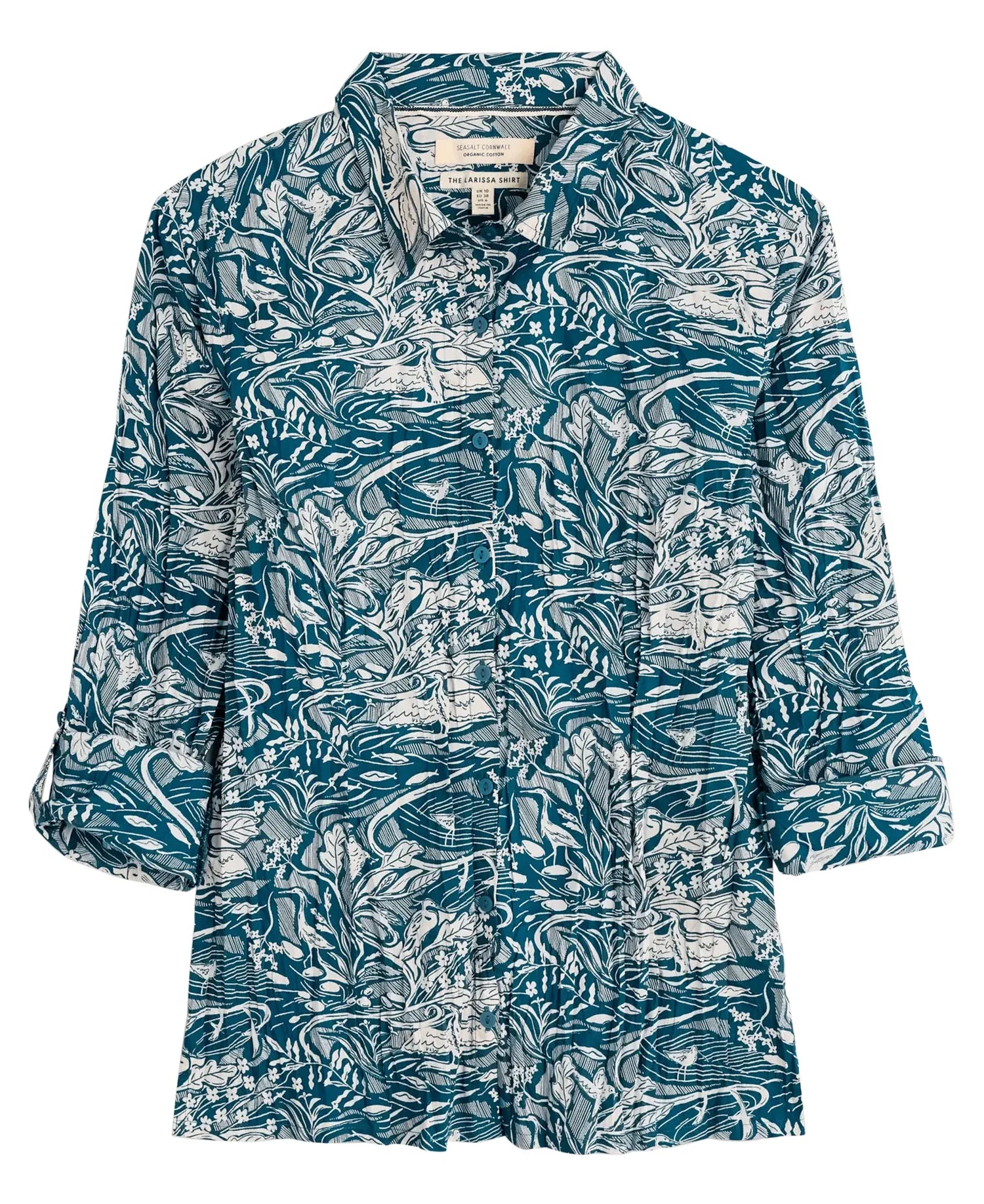 SEASALT'S Larissa Shirt in Helford Birds Ocean Drift blue, flat lay