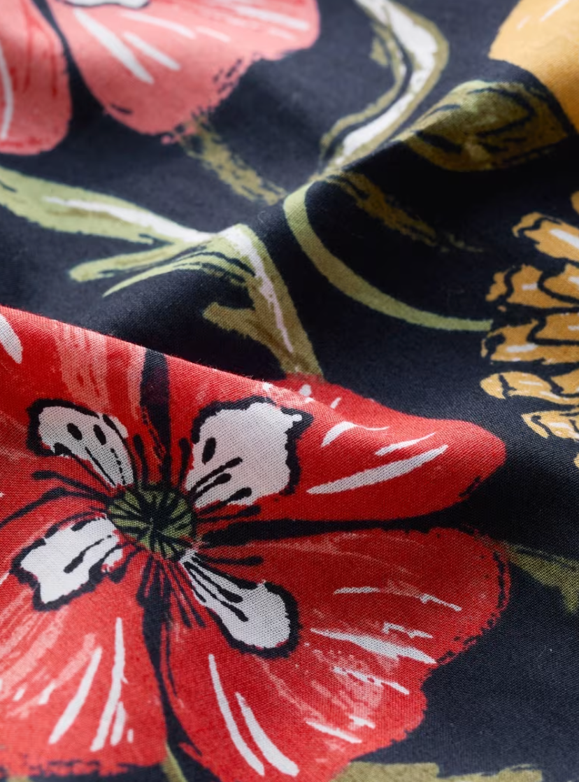 SEASALT's Paint Pot Skirt in Folky Poppy Inkwell, close up of cotton print fabric