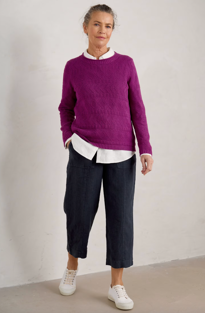 SEASALT's Poleacre Cropped Linen Trousers in Maritime, women's trousers styled with jumper