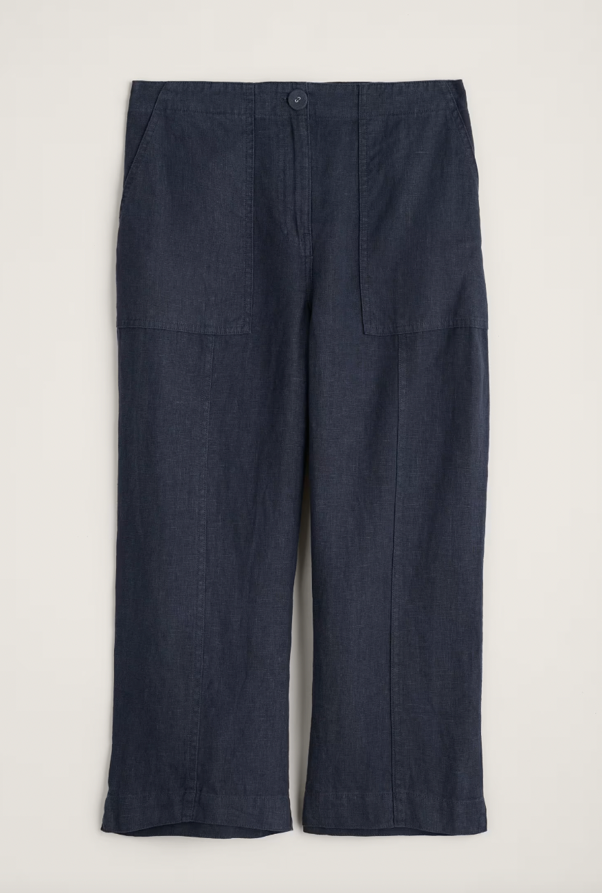 SEASALT's Poleacre Cropped Linen Trousers in Maritime, flat lay of ladies' pants